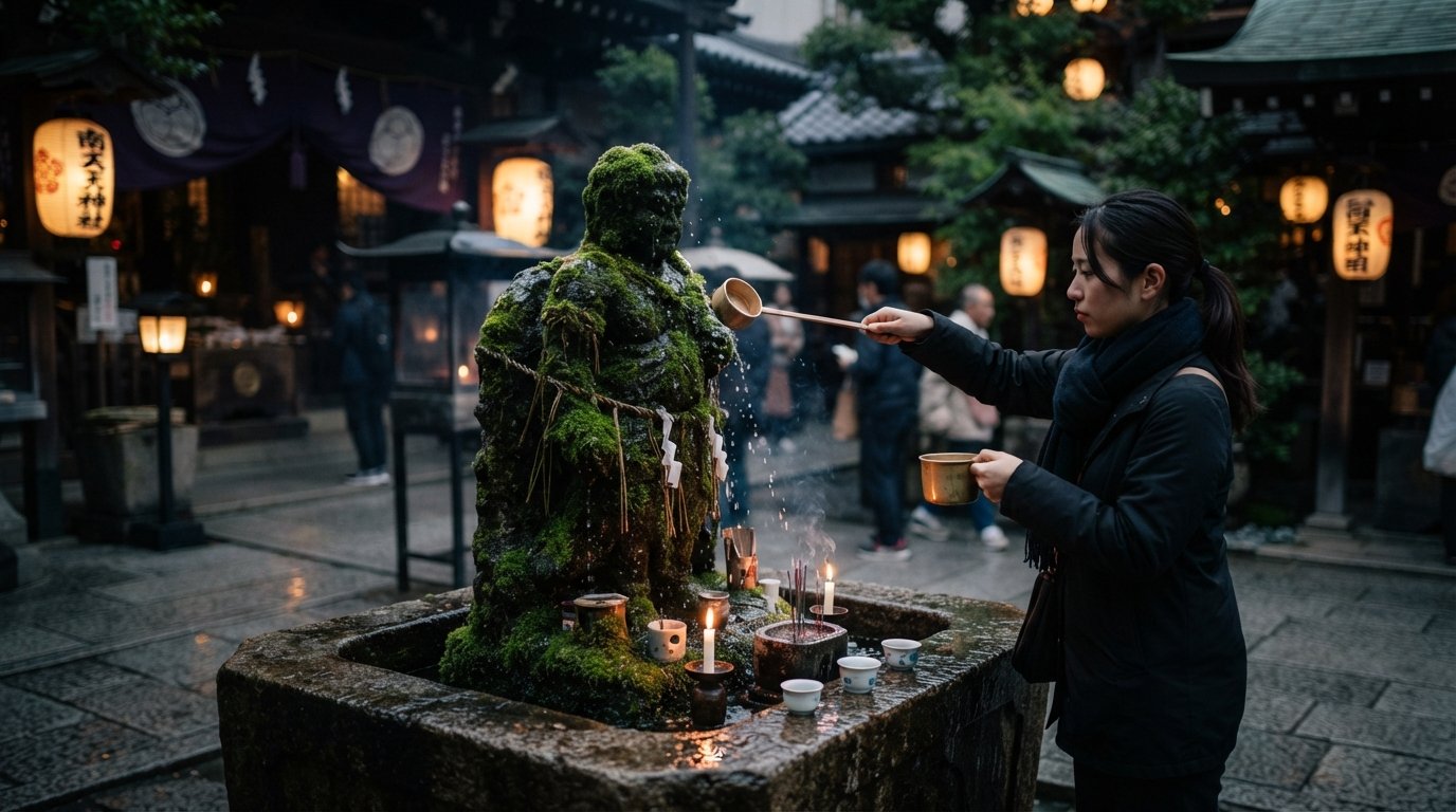 the moss-covered Mizukake Fudo statue at Hozen-ji Temple, water droplets on green moss in a dim lantern-lit courtyard