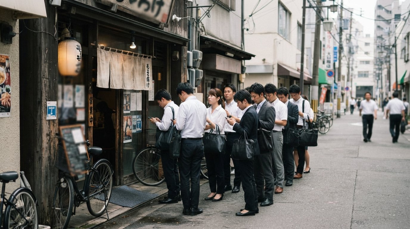 Moeyo Mensuke’s narrow storefront near JR Fukushima Station with a lunchtime queue of office workers waiting for duck ramen