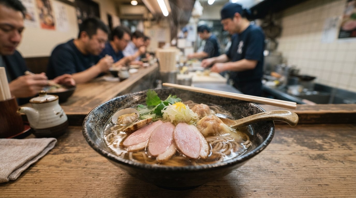 a steaming bowl of duck-and-shellfish kamo soba at Moeyo Mensuke, thin noodles in a clear broth under bright counter light