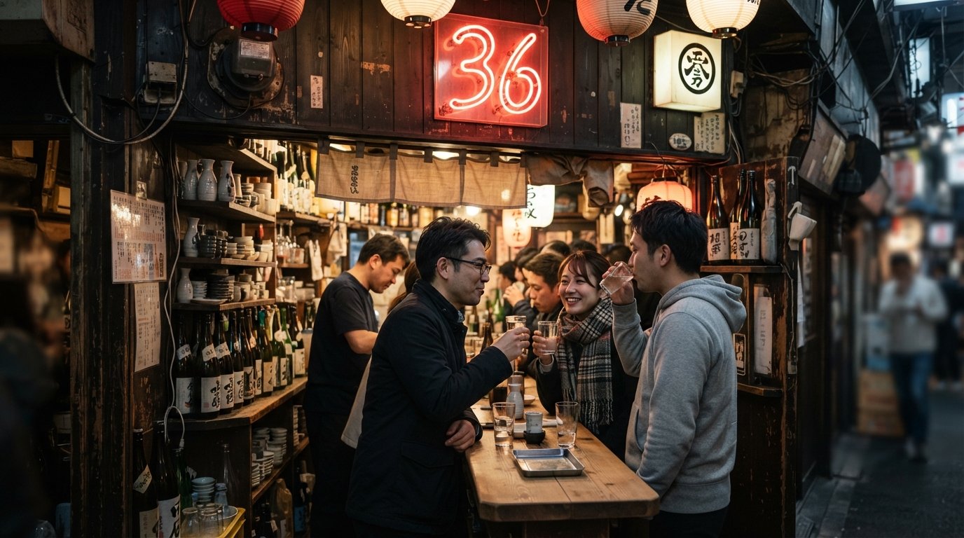 Ponshuya Santoku Rokumi’s glowing “36” neon sign above a small standing sake bar packed with bottles and a few shoulder-to-shoulder drinkers
