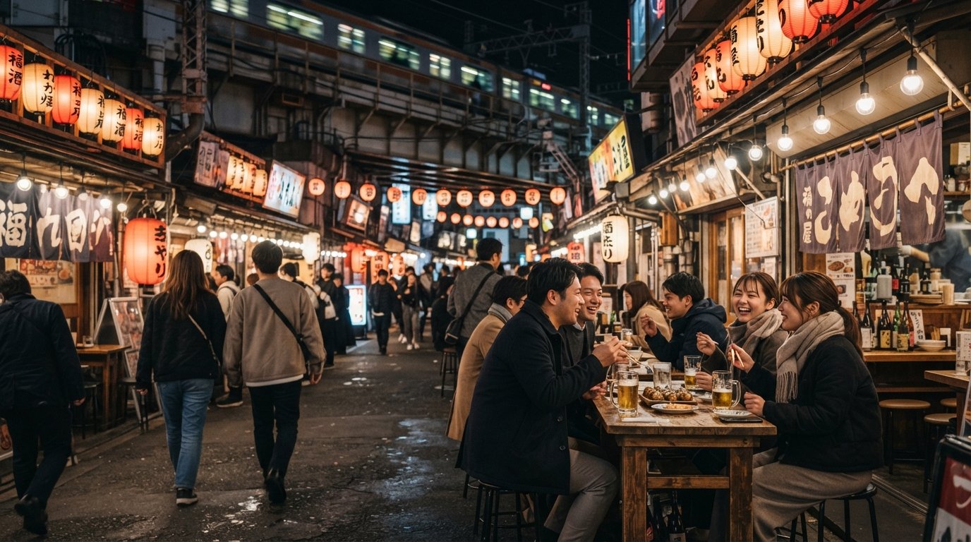 the lantern-lit stretch of Fukumaru Dori 57 under the elevated Loop Line tracks, with izakaya fronts and terrace tables glowing at night