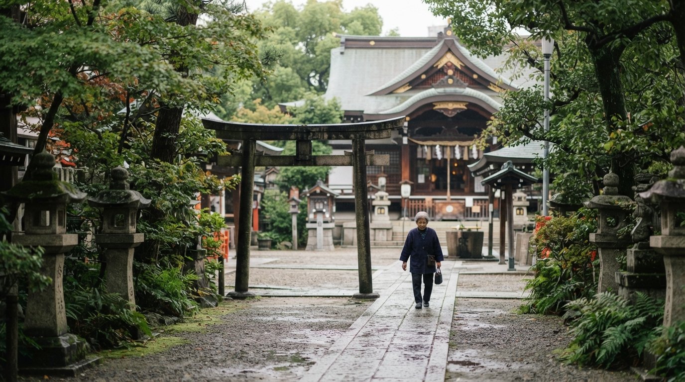 Fukushima Tenmangu’s quiet shrine approach in soft morning light, with the small torii and simple grounds empty of crowds