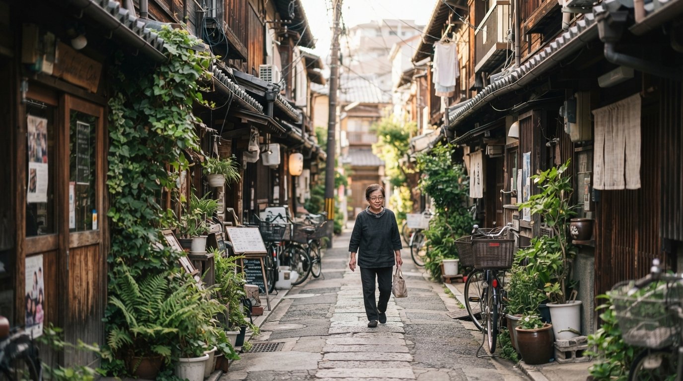좁은 나카자키초 골목, 살아남은 목조 나가야 연립주택, 손글씨 간판, 담쟁이 덮인 정면, 고요한 오후 햇빛