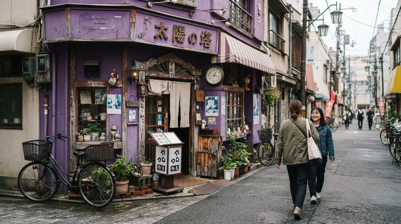 나카자키초의 밝은 보라색 Taiyo no To 정면, 올드스쿨 준키사 간판과 한낮의 조용한 거리 전망
