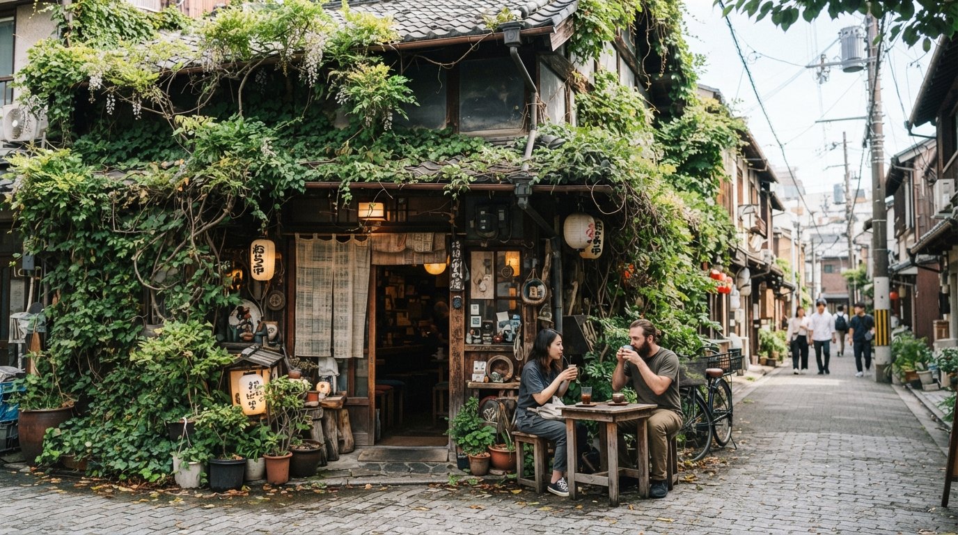 덩굴로 뒤덮인 100년 된 창고 Salon de AManTo, 탁 트인 목조 대들보와 예술적인 카페 입구