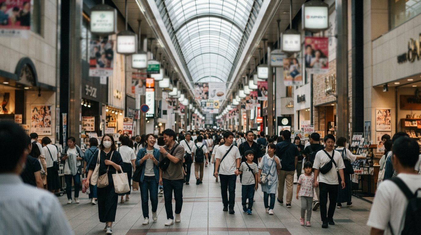 the glass-roofed Shinsaibashi-suji arcade in Osaka with shoppers under bright daylight, department-store storefronts and brand signs receding down the covered street