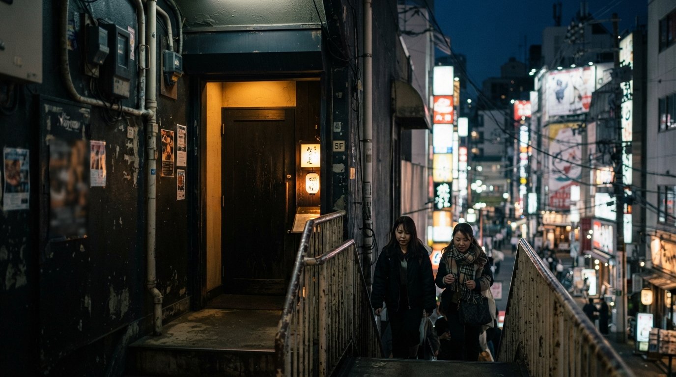 the fifth-floor doorway of Bar Nayuta near Triangle Park in Osaka, a discreet cocktail-bar entrance up a stairwell with warm evening light and a narrow city view