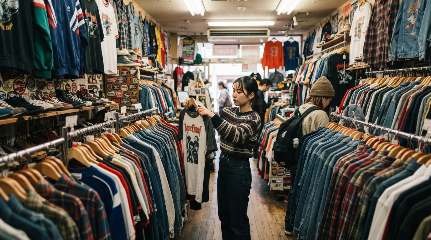 the interior of a vintage shop in Amerikamura, crowded racks of retro sportswear, band tees and denim under fluorescent light with dense secondhand browsing energy