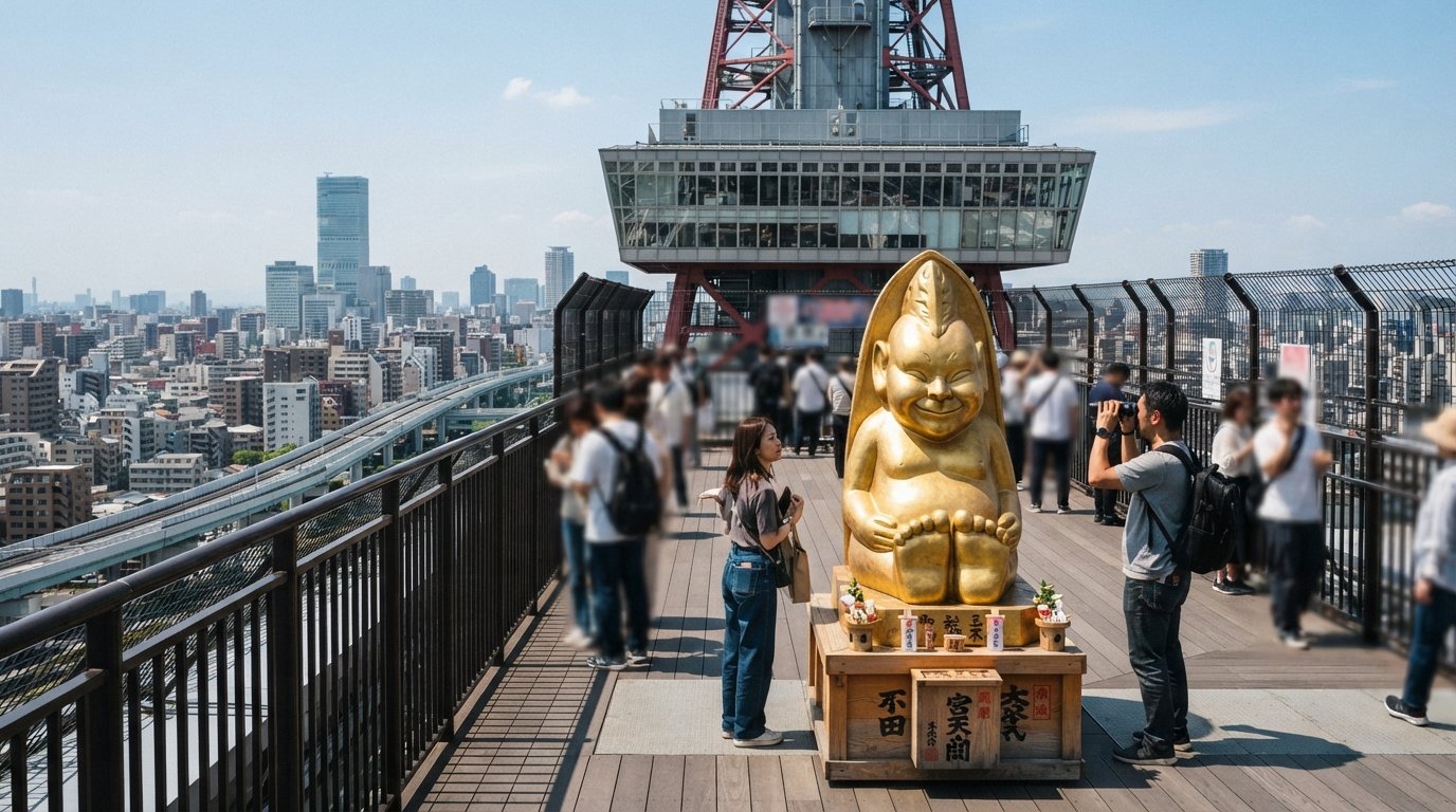 Tsutenkaku Tower observation deck with the golden Billiken statue, city skyline views and the open-air top deck in bright daylight