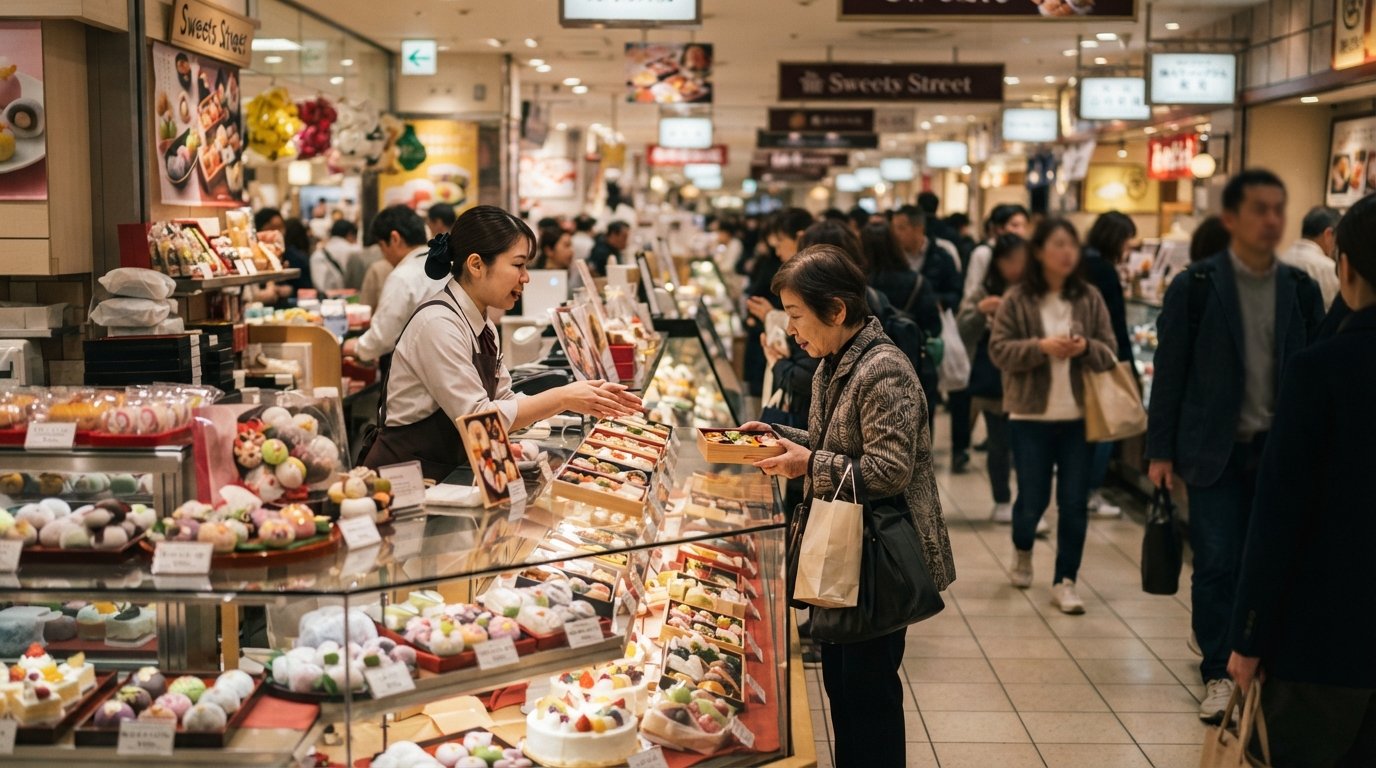 Hankyu Umeda Main Store’s basement depachika food hall, Sweets Street displays and bento counters glowing under bright department-store lighting